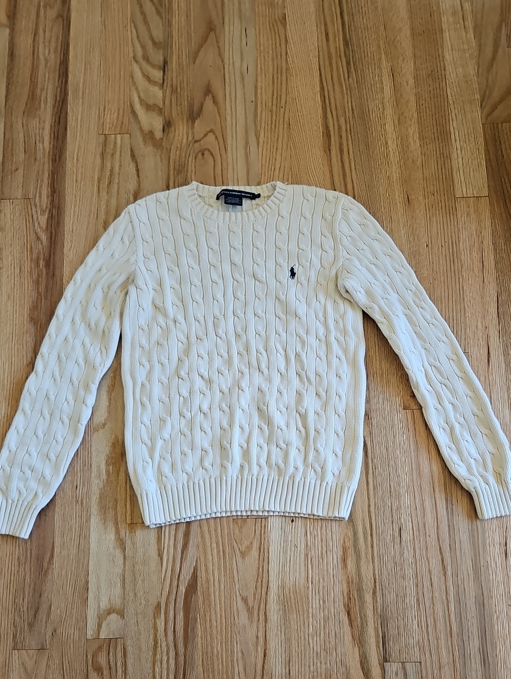 Polo by Ralph Lauren Men’s Cream Cable Crewneck Sweater with Navy Pony
